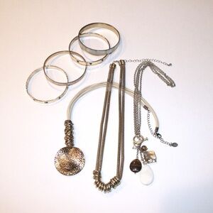 Jewelry Lot - 3 Necklaces, Set of 4 Bangles Gold Tone, Shell